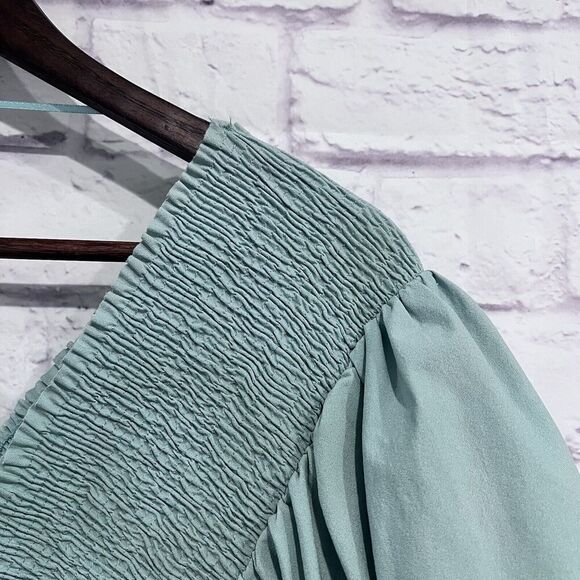 Zara Size Medium Teal Puff Ballon Sleeve V Neck Ruched Cropped Top Stretchy - Picture 7 of 11
